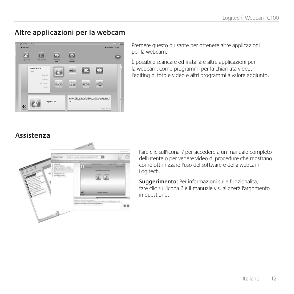 Altre applicazioni per la webcam, Assistenza | Logitech C100 User Manual | Page 121 / 132