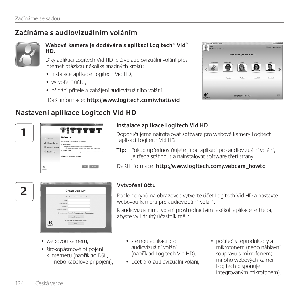 Začínáme s audiovizuálním voláním, Nastavení aplikace logitech vid hd | Logitech C100 User Manual | Page 124 / 132