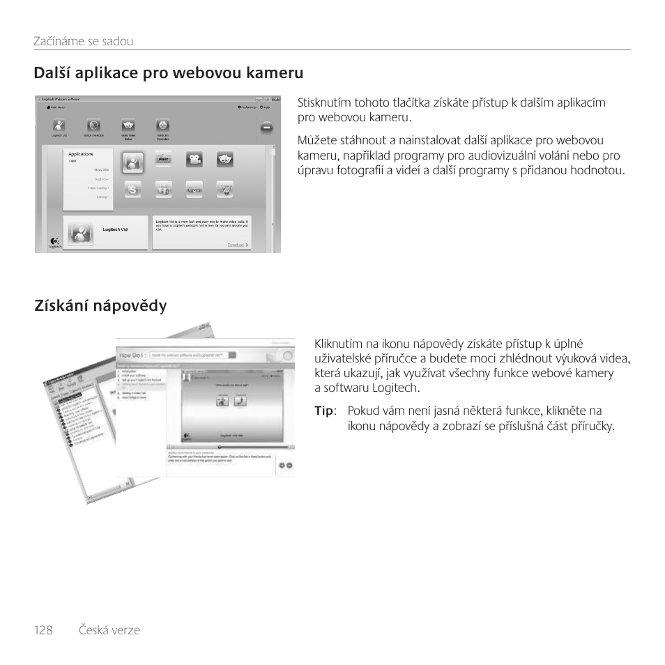 Další aplikace pro webovou kameru, Získání nápovědy | Logitech C100 User Manual | Page 128 / 132