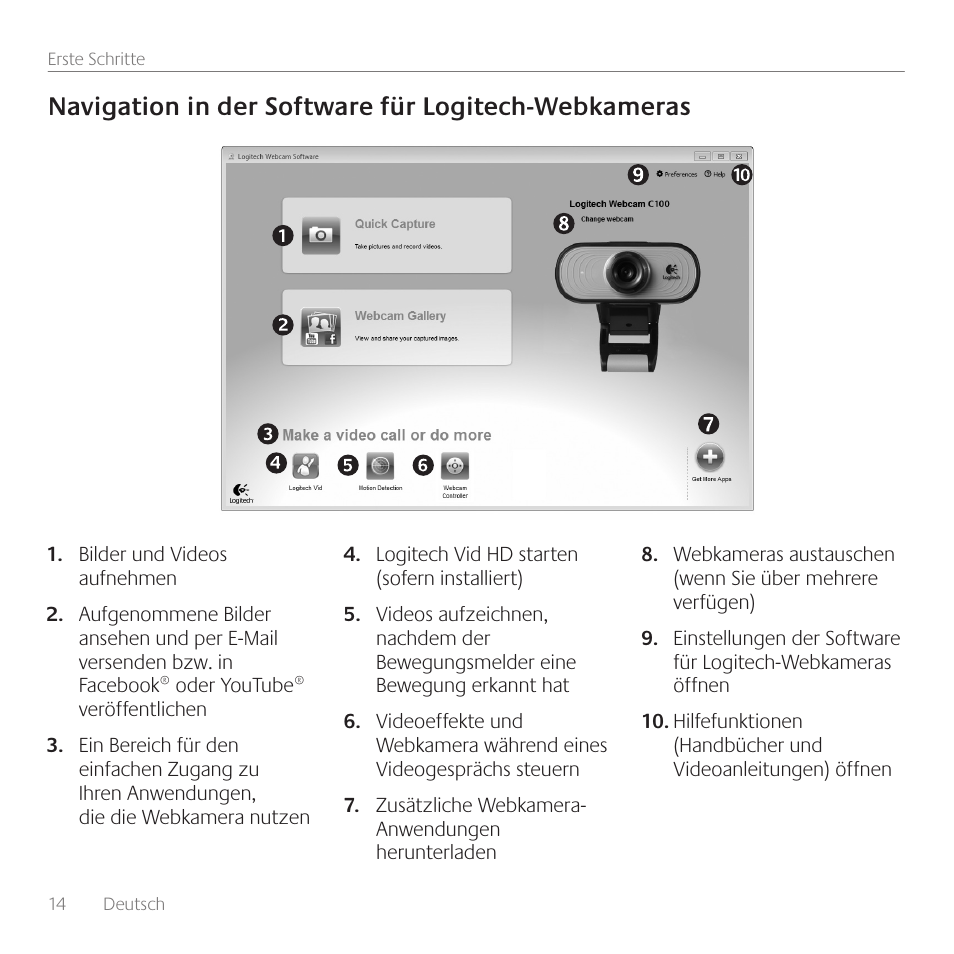 Navigation in der software für logitech-webkameras | Logitech C100 User Manual | Page 14 / 132