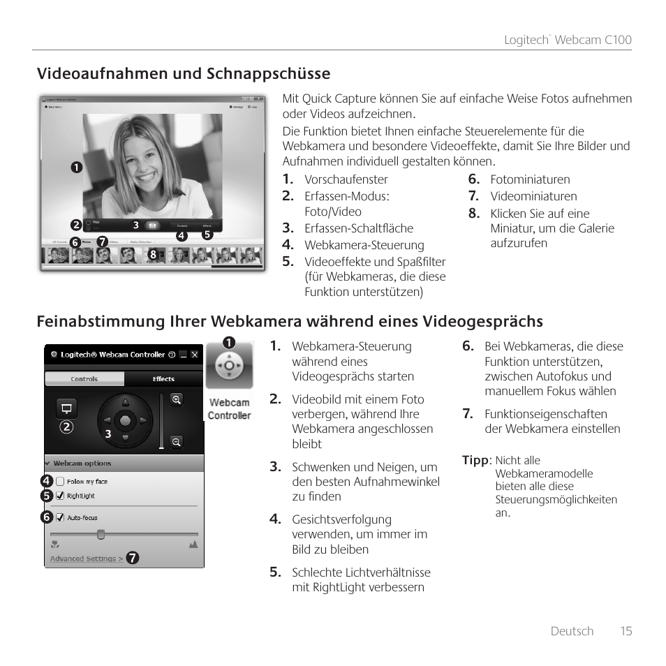 Videoaufnahmen und schnappschüsse | Logitech C100 User Manual | Page 15 / 132