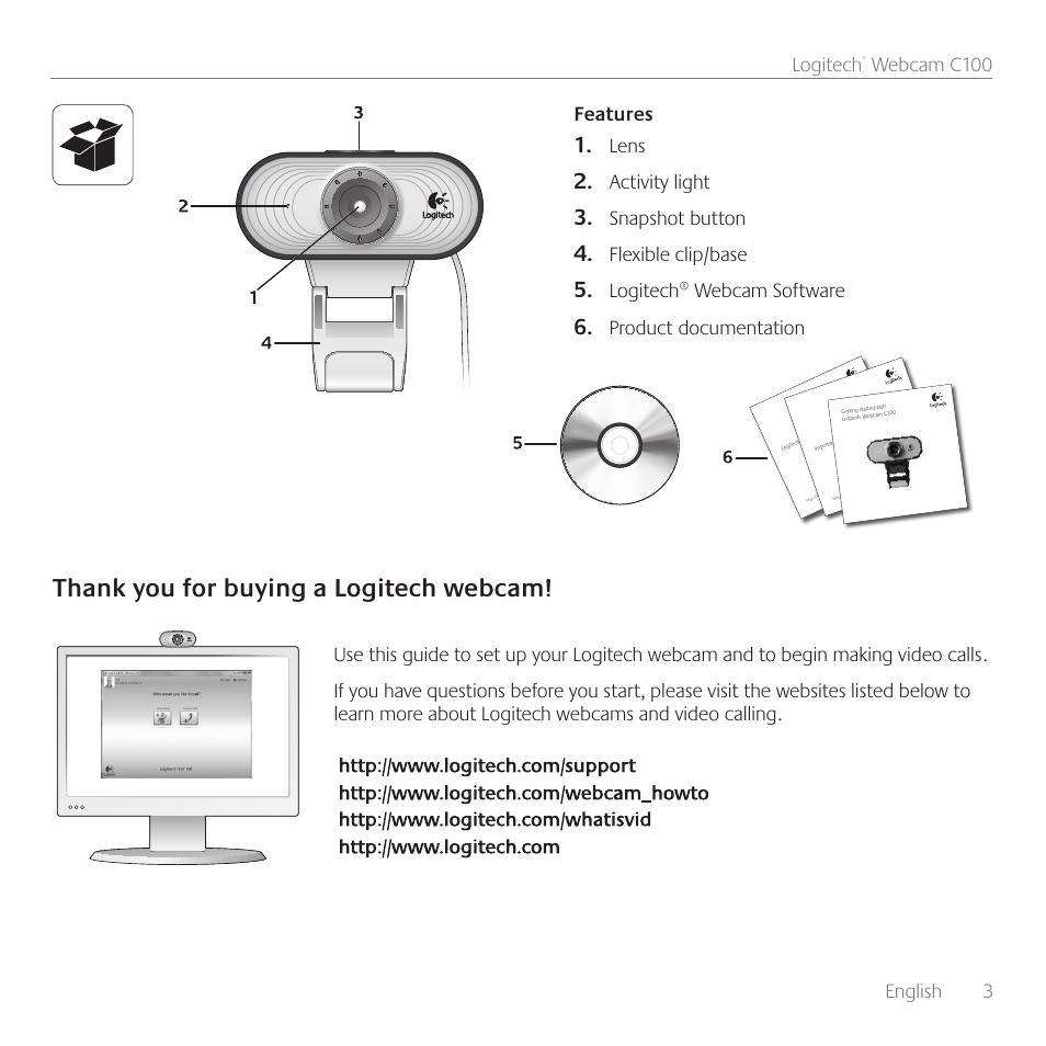 English 3 logitech, Webcam c100, Features lens | Activity light, Snapshot button, Flexible clip/base, Logitech® webcam software, Product documentation | Logitech C100 User Manual | Page 3 / 132