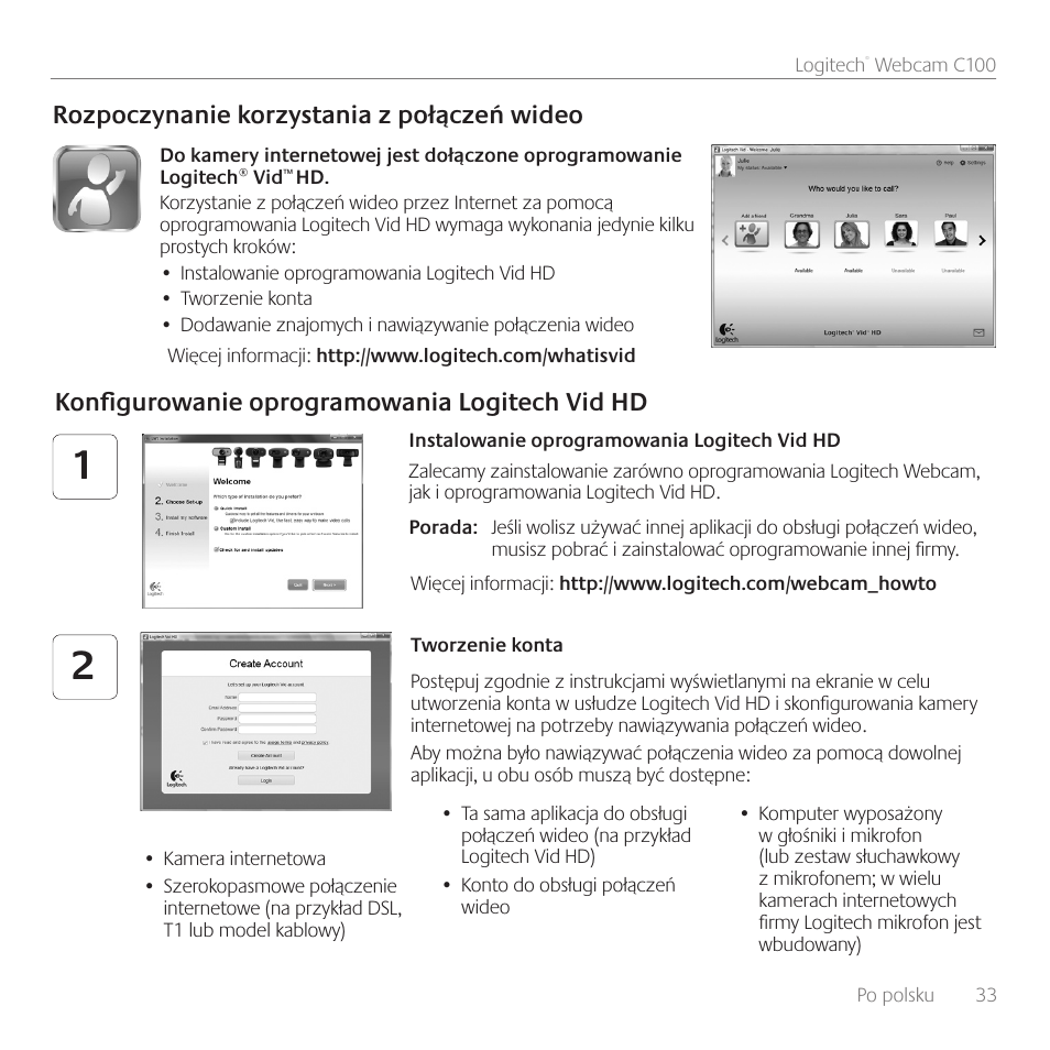 Rozpoczynanie korzystania z połączeń wideo, Konfigurowanie oprogramowania logitech vid hd | Logitech C100 User Manual | Page 33 / 132
