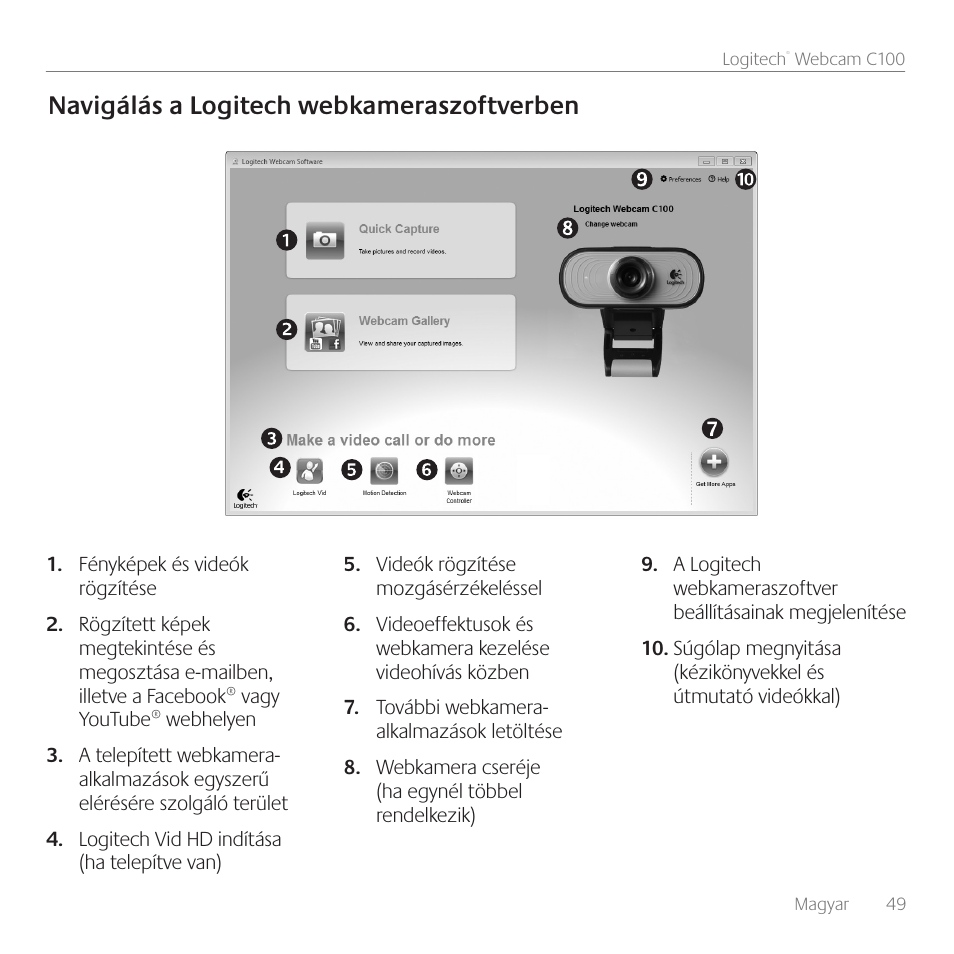 Navigálás a logitech webkameraszoftverben | Logitech C100 User Manual | Page 49 / 132