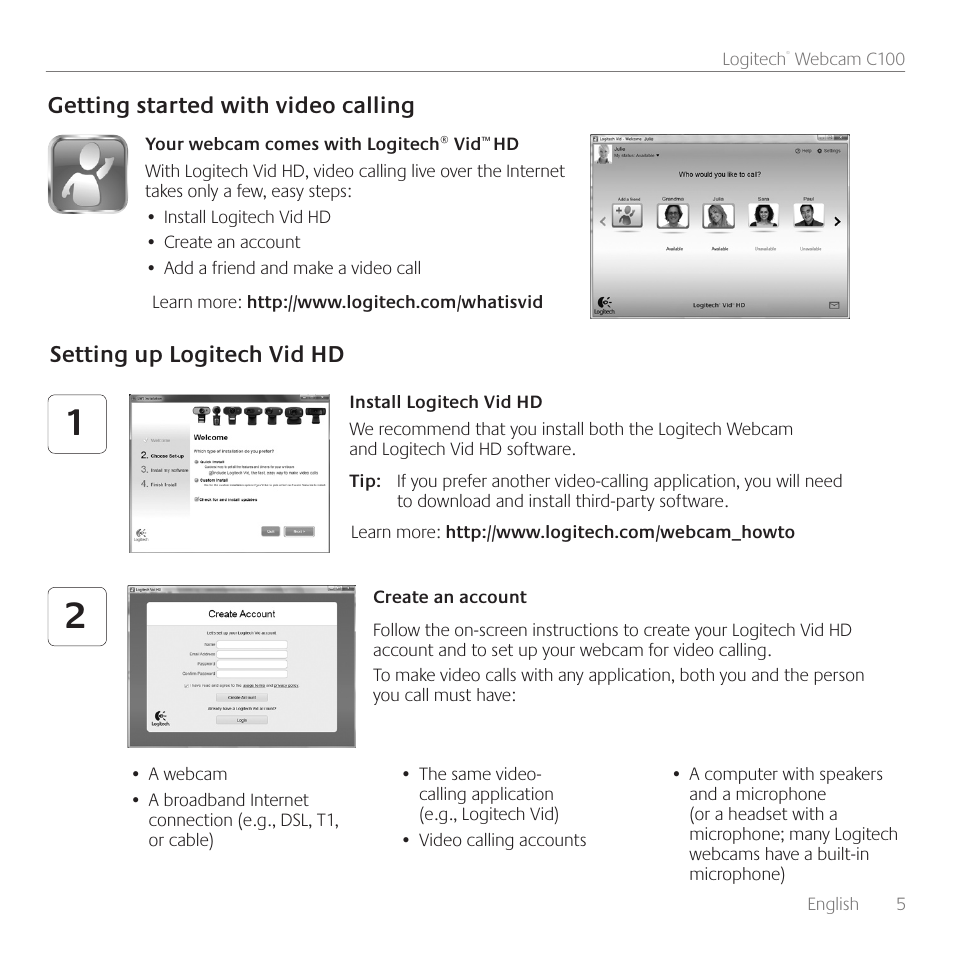 Getting started with video calling, Setting up logitech vid hd | Logitech C100 User Manual | Page 5 / 132