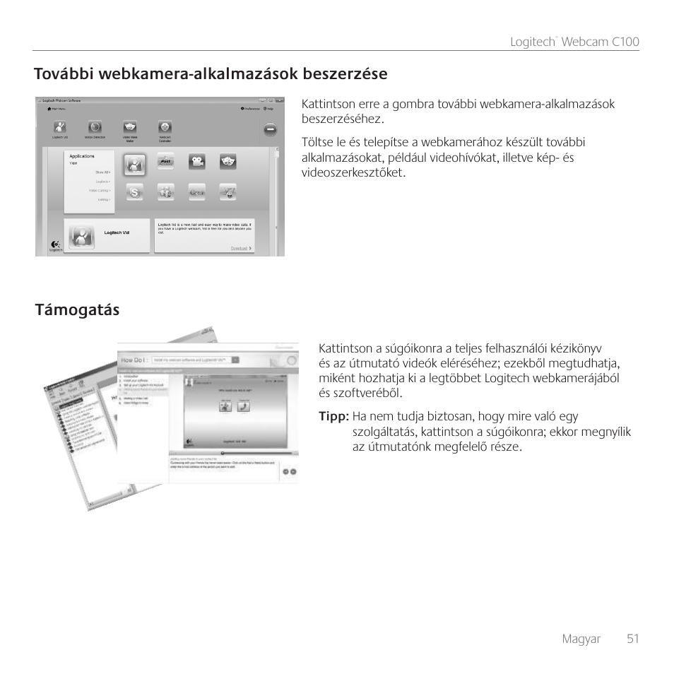 További webkamera-alkalmazások beszerzése, Támogatás | Logitech C100 User Manual | Page 51 / 132