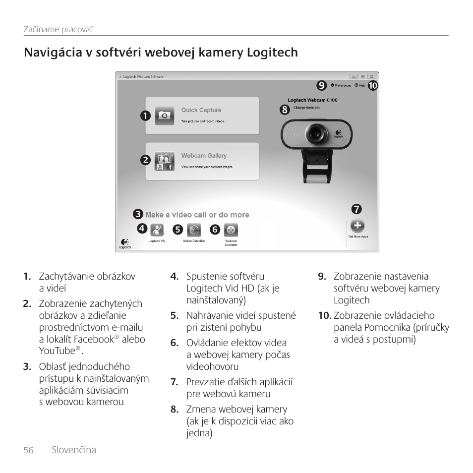 Navigácia v softvéri webovej kamery logitech | Logitech C100 User Manual | Page 56 / 132