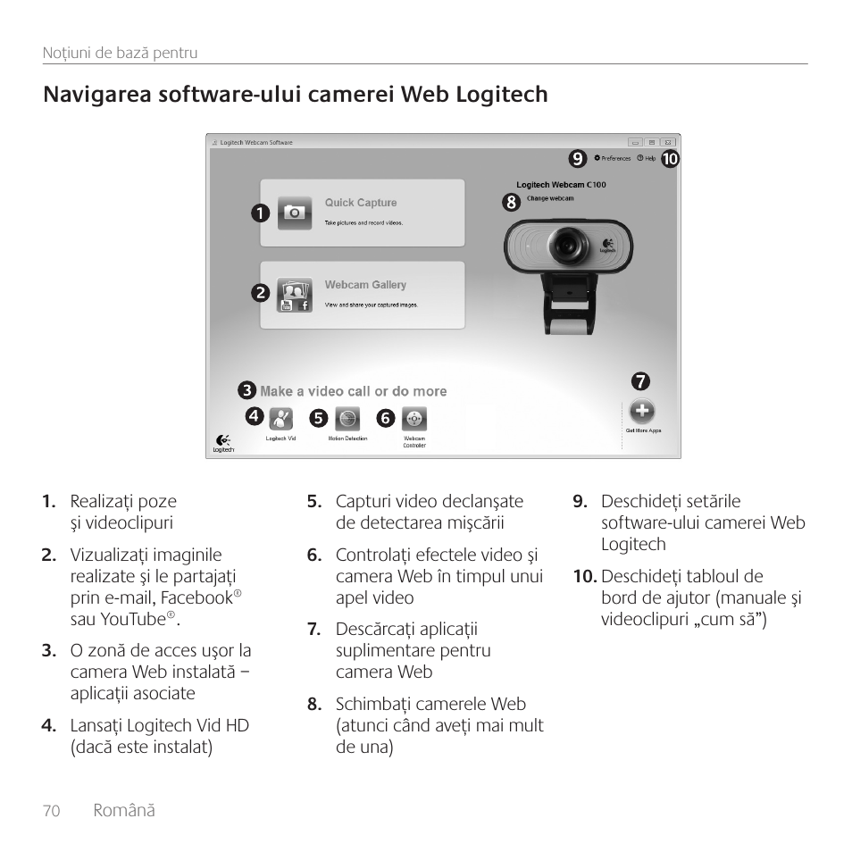 Navigarea software-ului camerei web logitech | Logitech C100 User Manual | Page 70 / 132