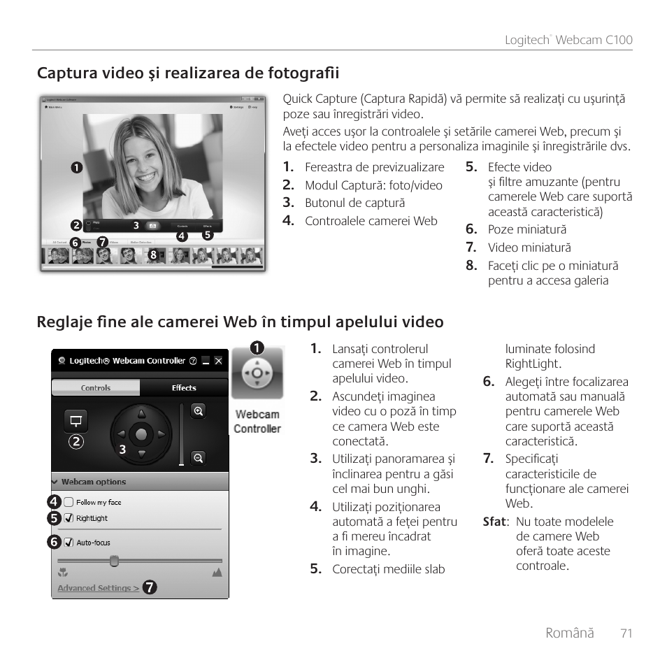 Captura video şi realizarea de fotografii | Logitech C100 User Manual | Page 71 / 132