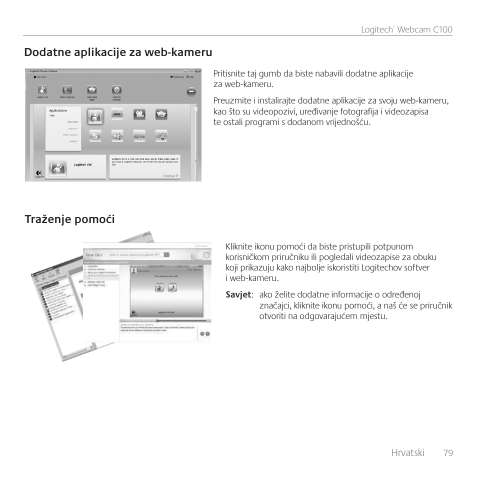Dodatne aplikacije za web-kameru, Traženje pomoći | Logitech C100 User Manual | Page 79 / 132