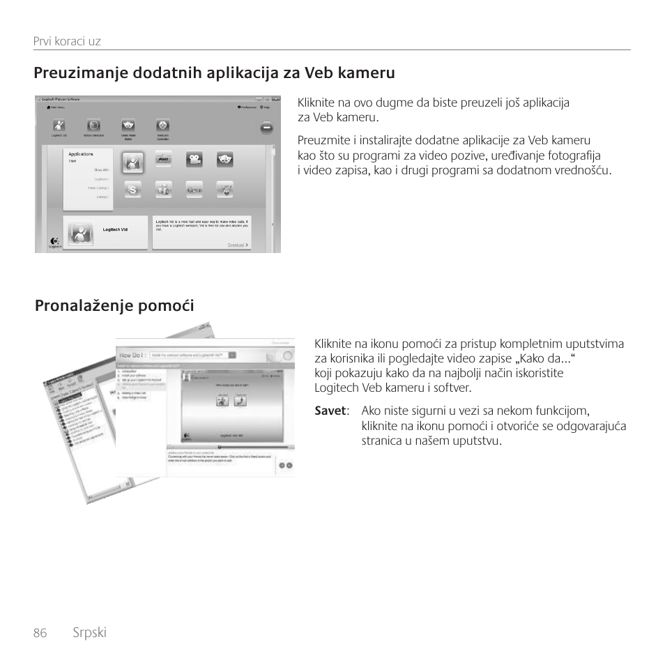 Preuzimanje dodatnih aplikacija za veb kameru, Pronalaženje pomoći | Logitech C100 User Manual | Page 86 / 132