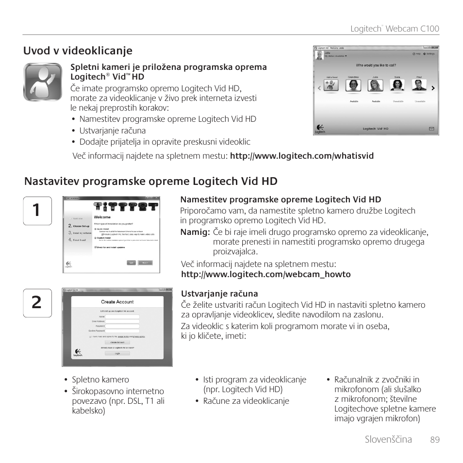 Uvod v videoklicanje, Nastavitev programske opreme logitech vid hd | Logitech C100 User Manual | Page 89 / 132
