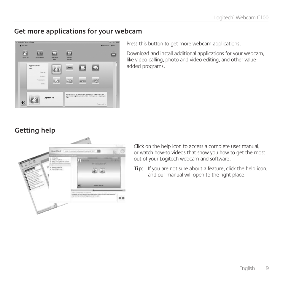 Get more applications for your webcam, Getting help | Logitech C100 User Manual | Page 9 / 132