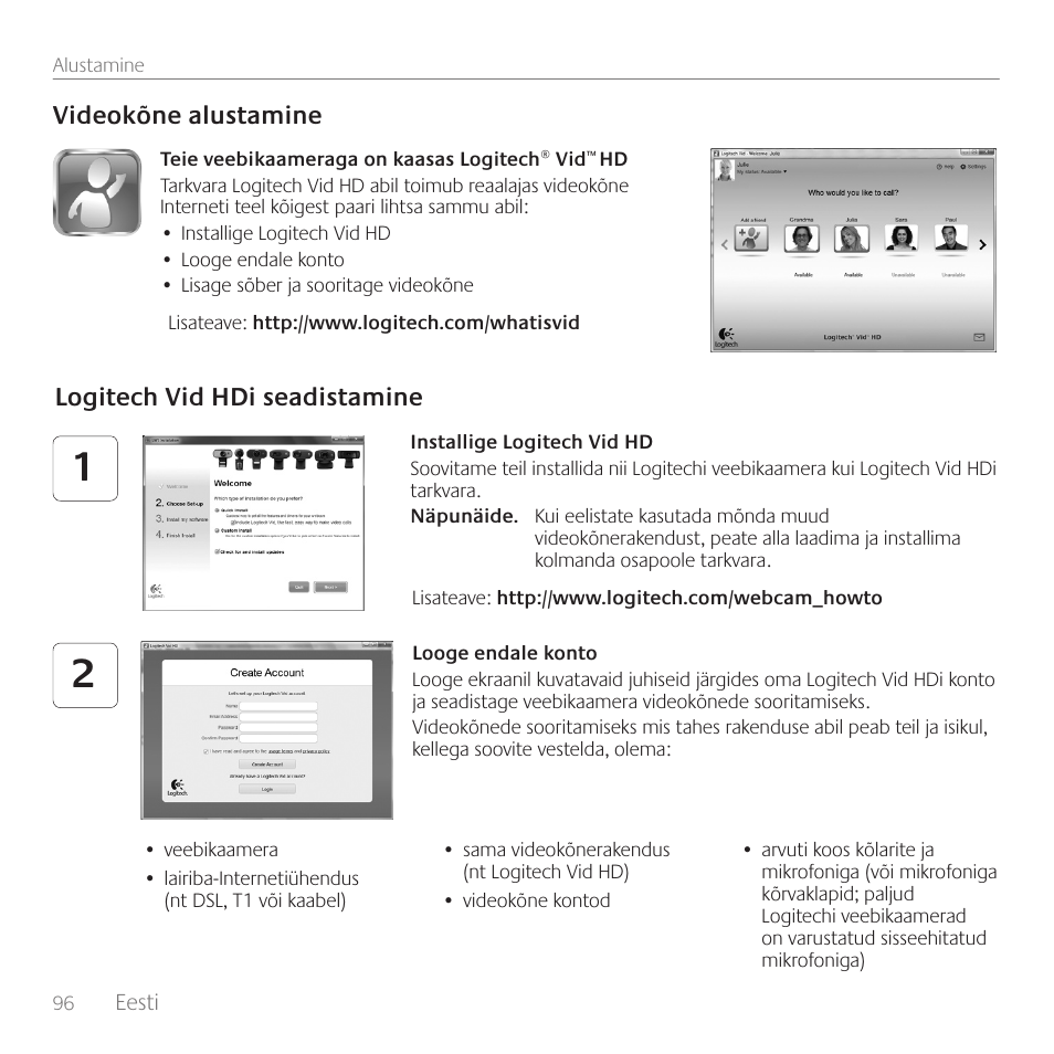 Videokõne alustamine, Logitech vid hdi seadistamine | Logitech C100 User Manual | Page 96 / 132