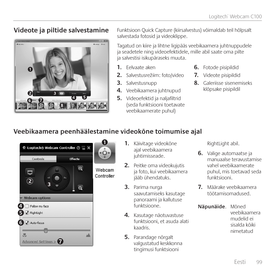 Videote ja piltide salvestamine | Logitech C100 User Manual | Page 99 / 132