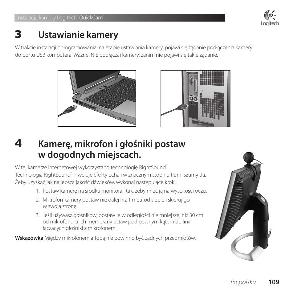 Ustawianie kamery | Logitech QuickCam Communicate Deluxe V-UBE43 User Manual | Page 109 / 116