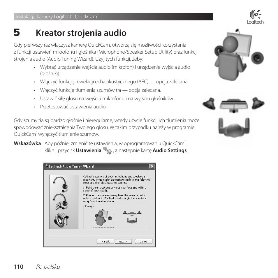 Kreator strojenia audio | Logitech QuickCam Communicate Deluxe V-UBE43 User Manual | Page 110 / 116