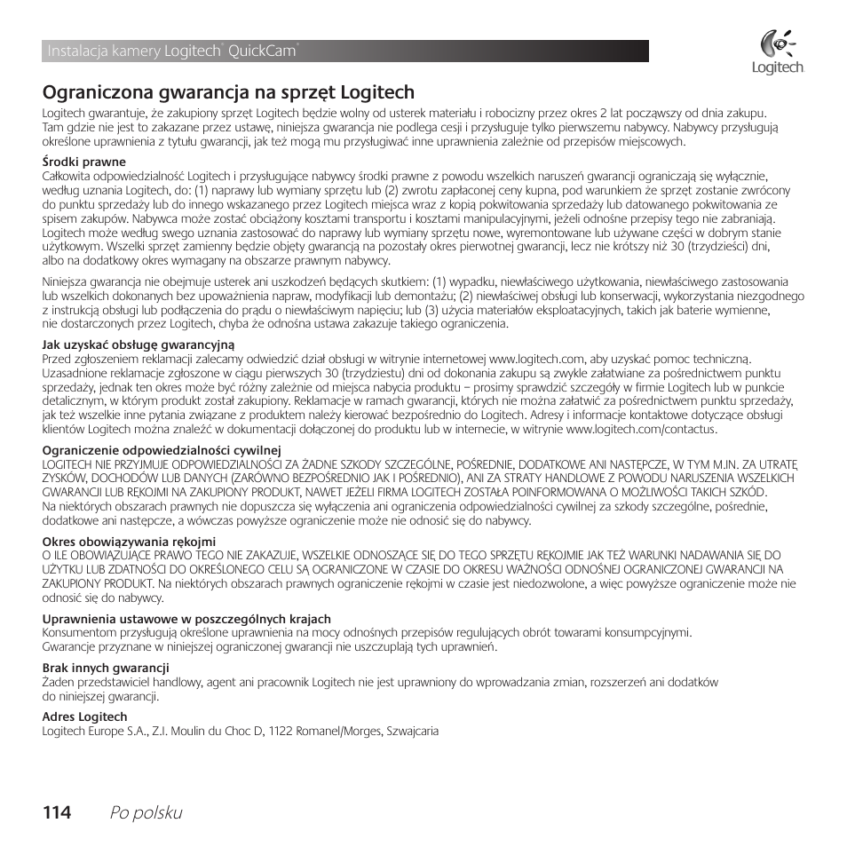 Ograniczona gwarancja na sprzęt logitech, 11 po polsku, Instalacja kamery logitech | Quickcam | Logitech QuickCam Communicate Deluxe V-UBE43 User Manual | Page 114 / 116