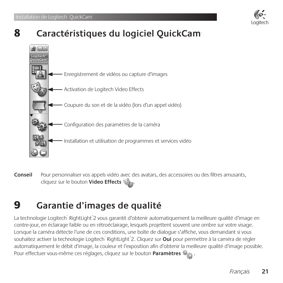 Caractéristiques .du .logiciel .quickcam, Garantie .d’images .de .qualité | Logitech QuickCam Communicate Deluxe V-UBE43 User Manual | Page 21 / 116