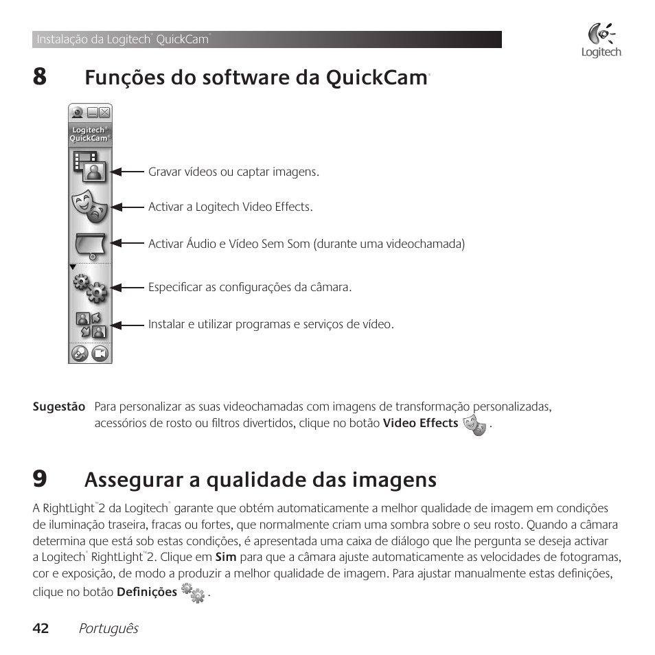 Funções .do .software .da .quickcam, Assegurar .a .qualidade .das .imagens | Logitech QuickCam Communicate Deluxe V-UBE43 User Manual | Page 42 / 116
