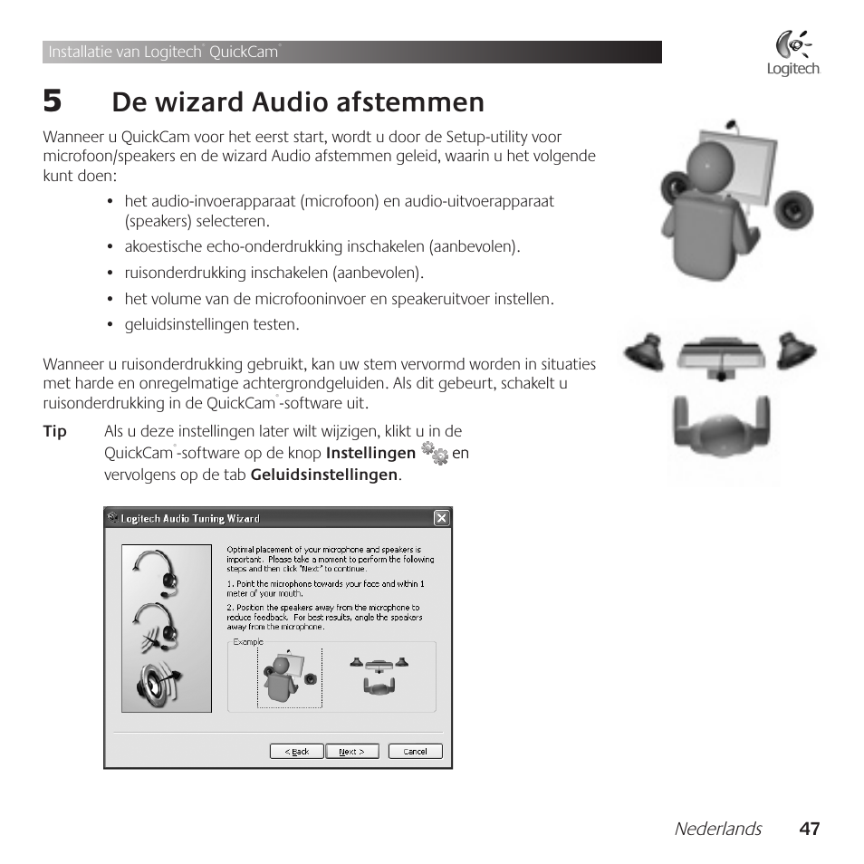 De .wizard .audio .afstemmen | Logitech QuickCam Communicate Deluxe V-UBE43 User Manual | Page 47 / 116