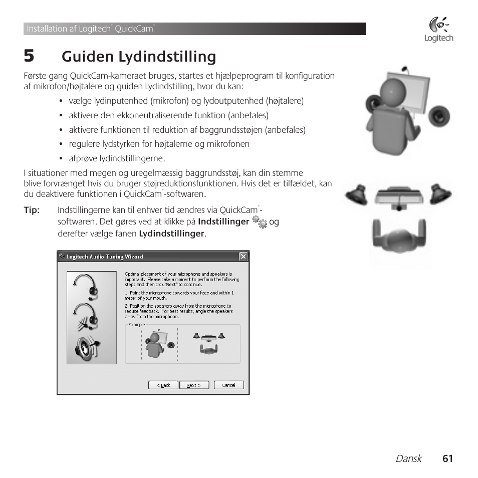 Guiden .lydindstilling | Logitech QuickCam Communicate Deluxe V-UBE43 User Manual | Page 61 / 116