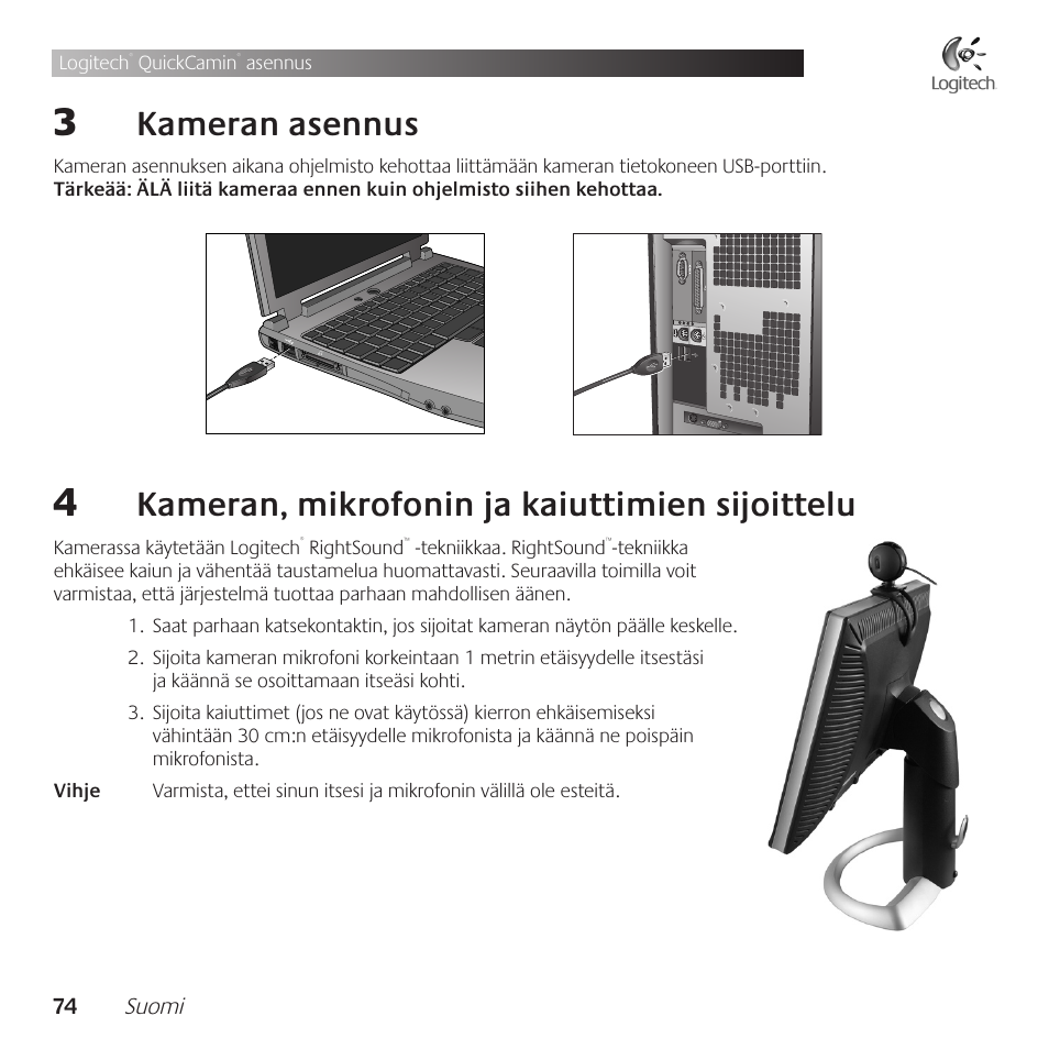 Kameran .asennus, Kameran, .mikrofonin .ja .kaiuttimien .sijoittelu | Logitech QuickCam Communicate Deluxe V-UBE43 User Manual | Page 74 / 116