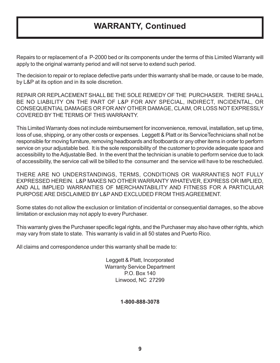 Warranty, continued | Leggett & Platt P-2000 User Manual | Page 10 / 11