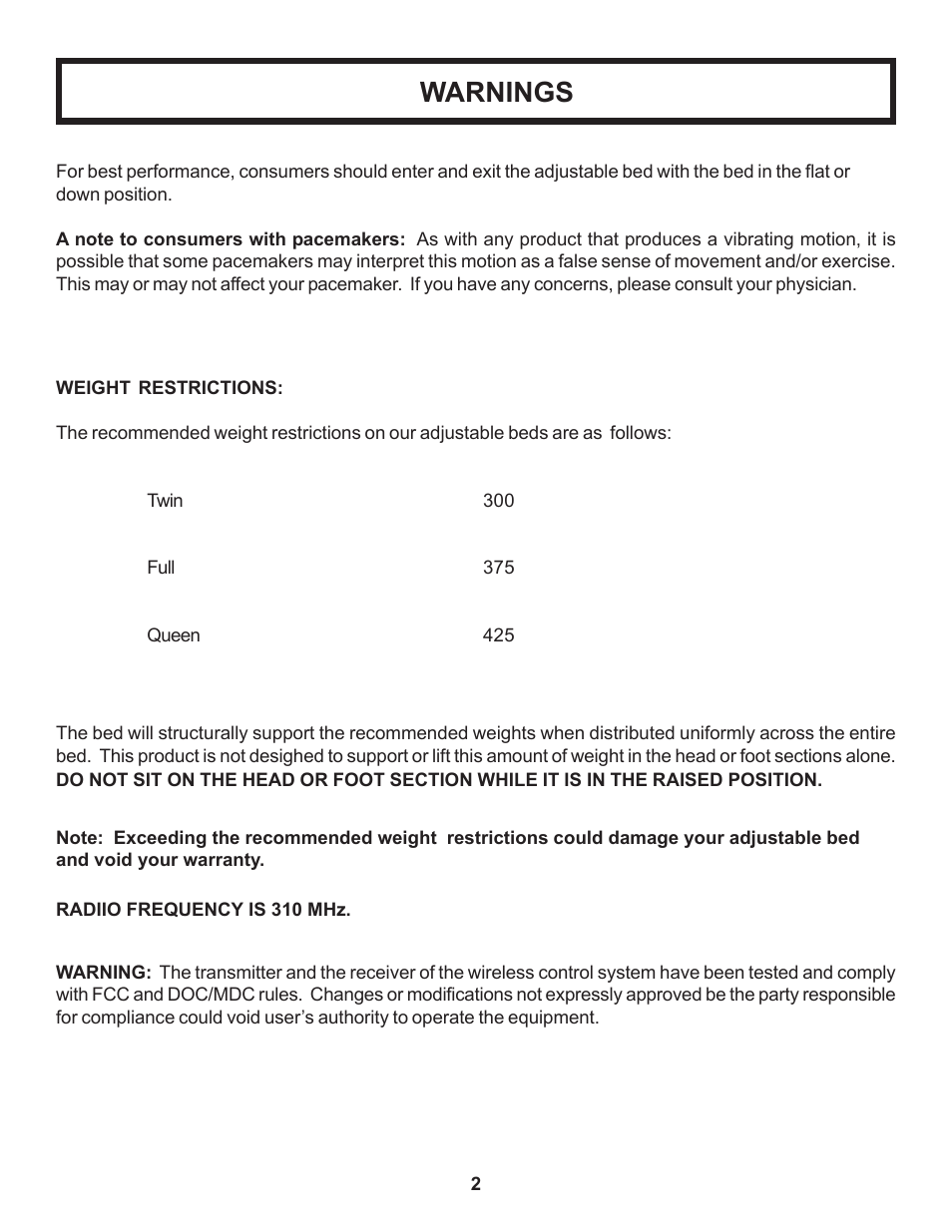 Warnings | Leggett & Platt P-2000 User Manual | Page 3 / 11