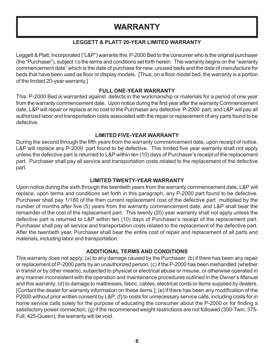 Warranty | Leggett & Platt P-2000 User Manual | Page 9 / 11