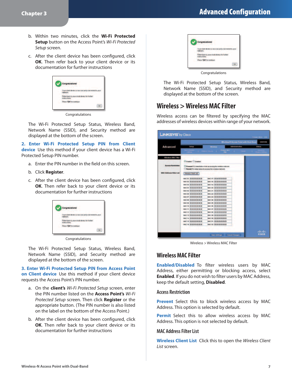 Wireless > wireless mac filter, Advanced configuration, Wireless mac filter | Linksys WAP610N User Manual | Page 10 / 41