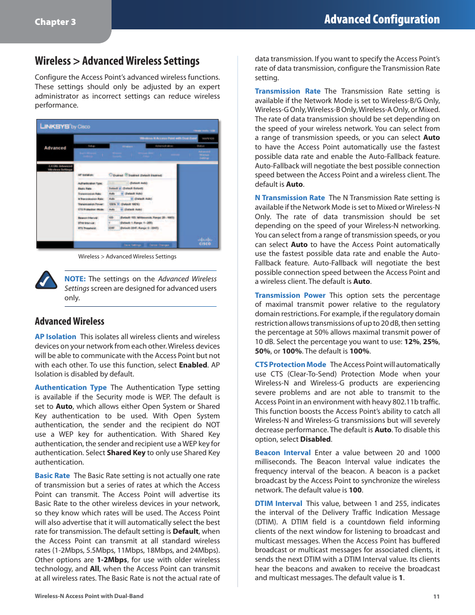Wireless > advanced wireless settings, Advanced configuration, Advanced wireless | Linksys WAP610N User Manual | Page 14 / 41