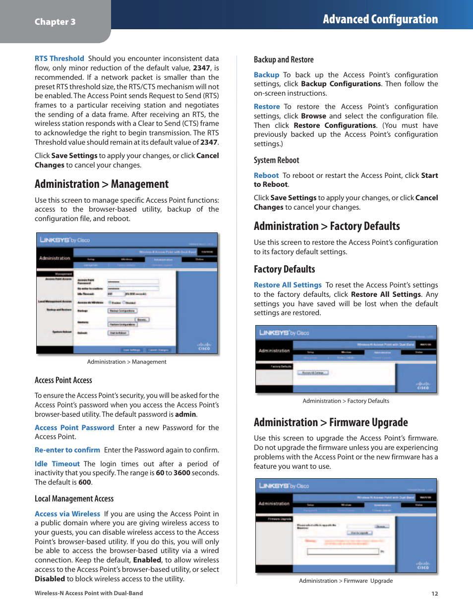 Administration > management, Administration > factory defaults, Administration > firmware upgrade | Advanced configuration, Factory defaults | Linksys WAP610N User Manual | Page 15 / 41