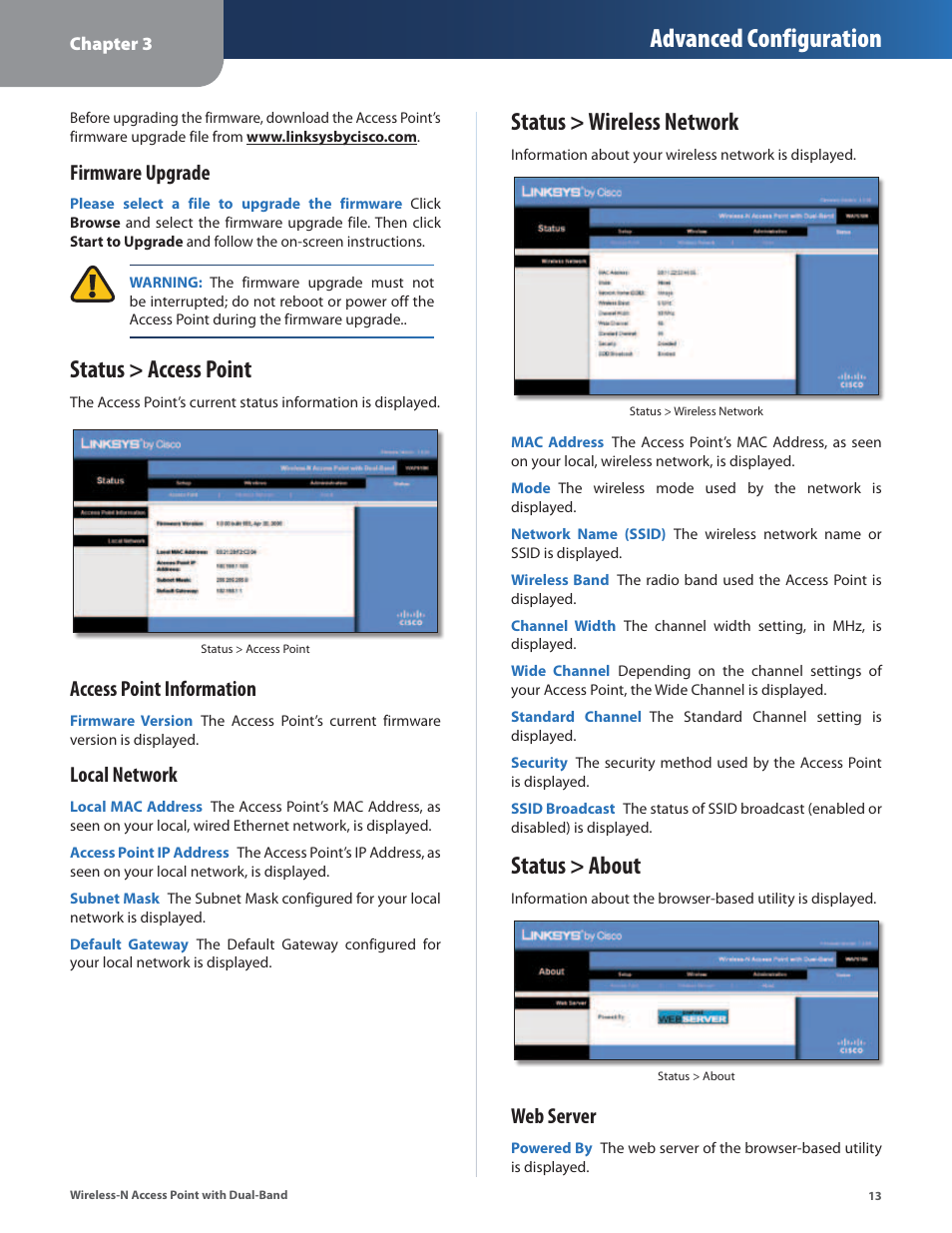 Status > access point, Status > wireless network, Status > about | Advanced configuration, Firmware upgrade, Access point information, Local network, Web server | Linksys WAP610N User Manual | Page 16 / 41