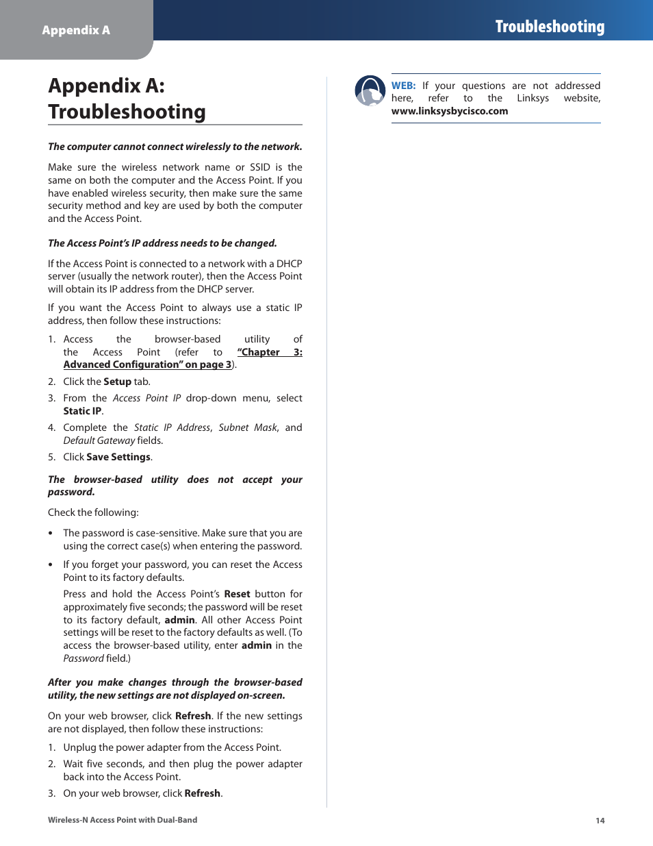 Appendix a: troubleshooting, Troubleshooting | Linksys WAP610N User Manual | Page 17 / 41