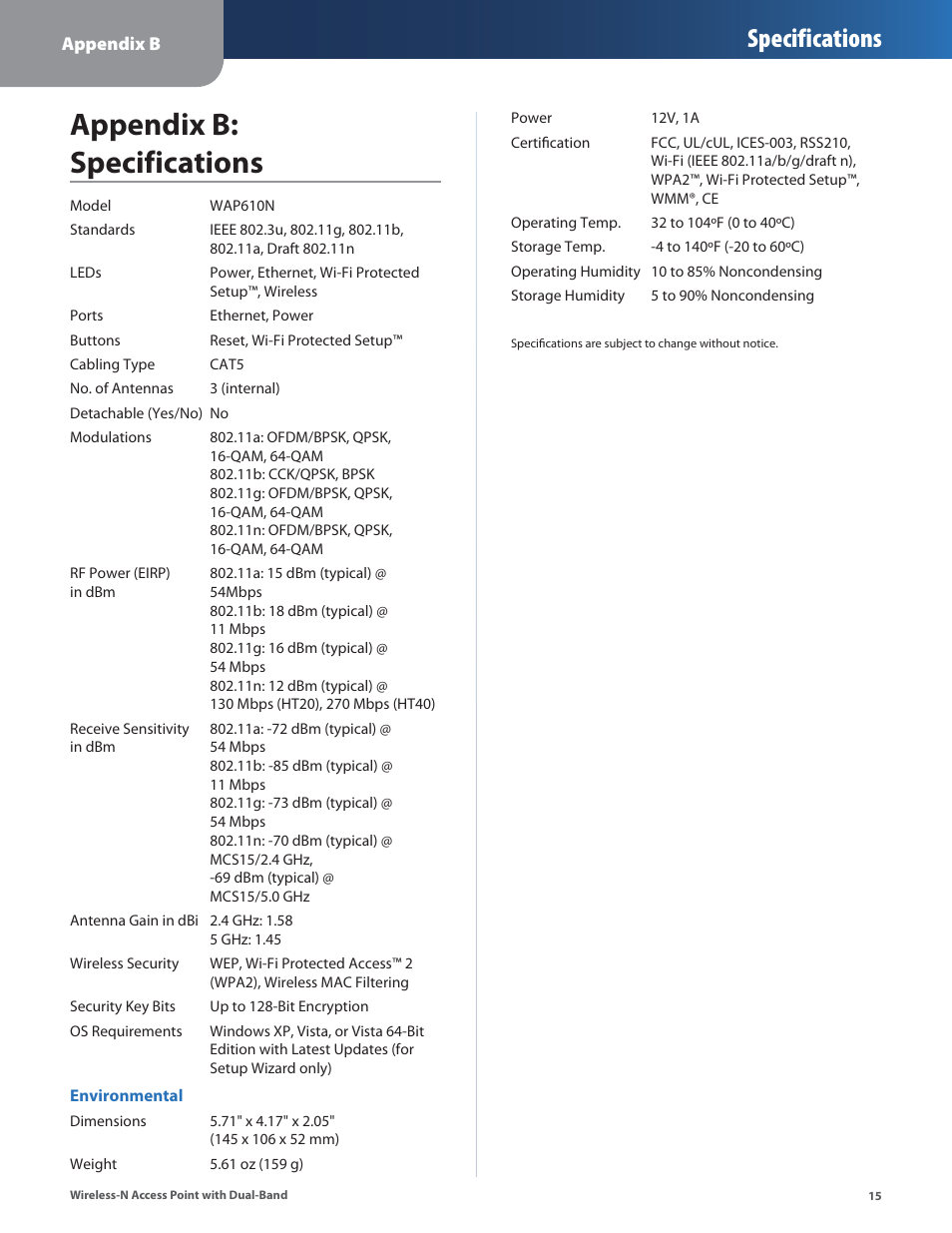 Appendix b: specifications, Specifications | Linksys WAP610N User Manual | Page 18 / 41