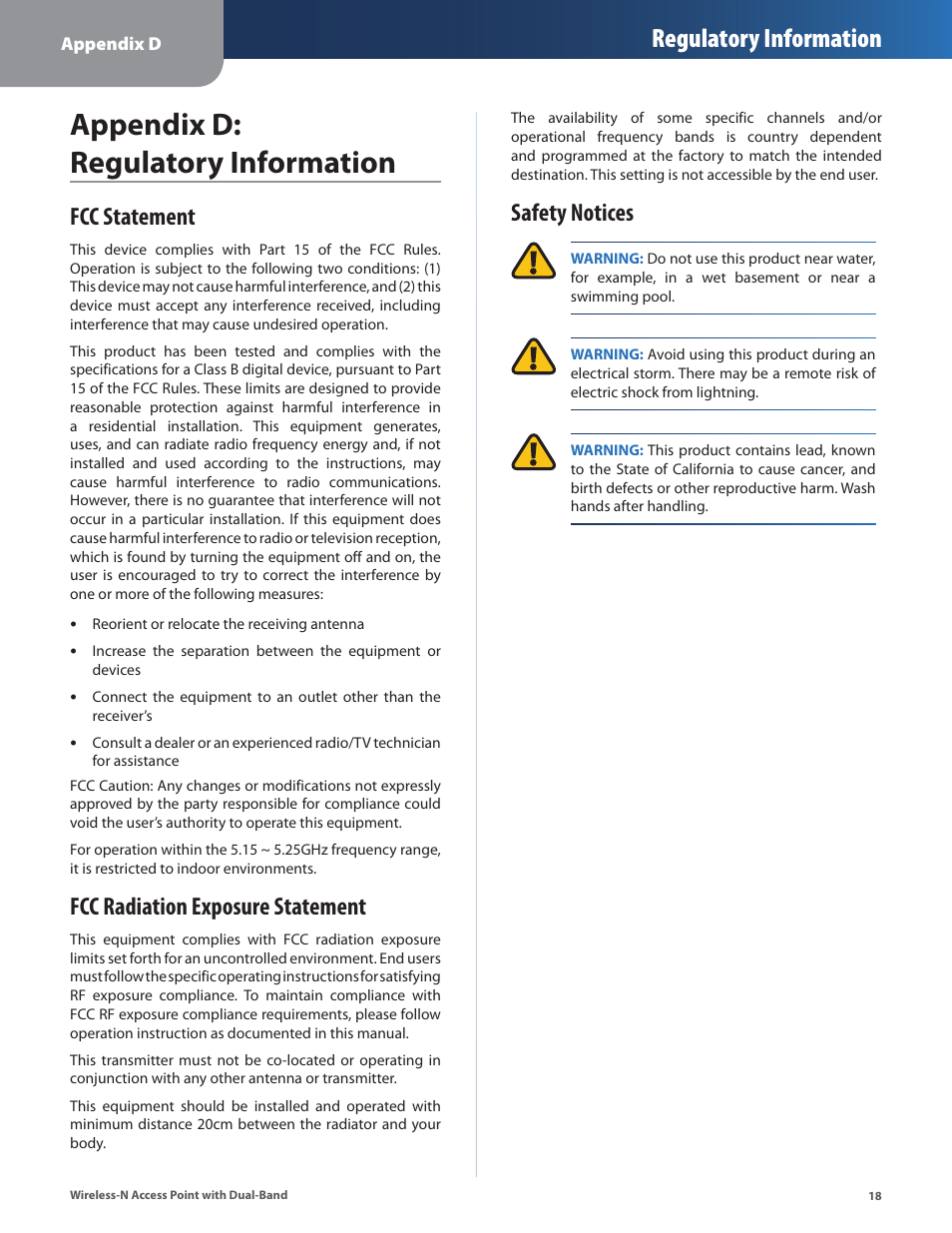 Appendix d: regulatory information, Fcc statement, Fcc radiation exposure statement | Safety notices, Regulatory information | Linksys WAP610N User Manual | Page 21 / 41