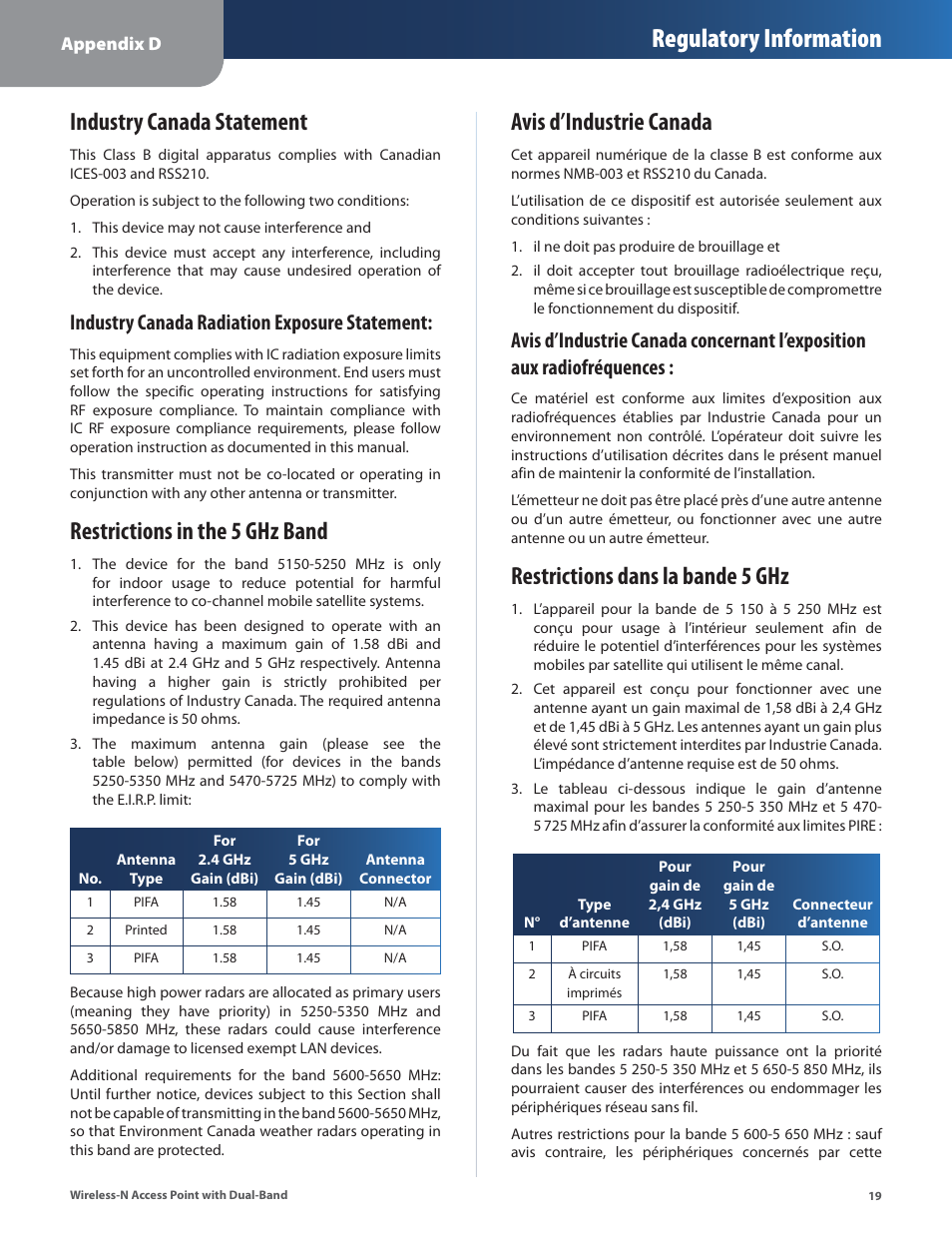 Industry canada statement, Restrictions in the 5 ghz band, Avis d’industrie canada | Restrictions dans la bande 5 ghz, Regulatory information, Industry canada radiation exposure statement | Linksys WAP610N User Manual | Page 22 / 41