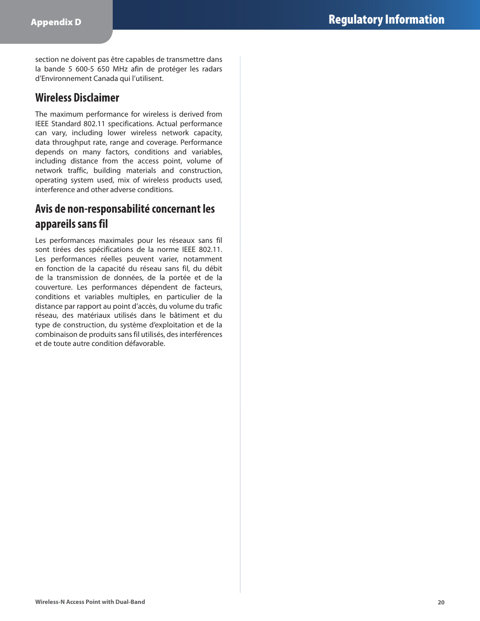 Wireless disclaimer, Regulatory information | Linksys WAP610N User Manual | Page 23 / 41