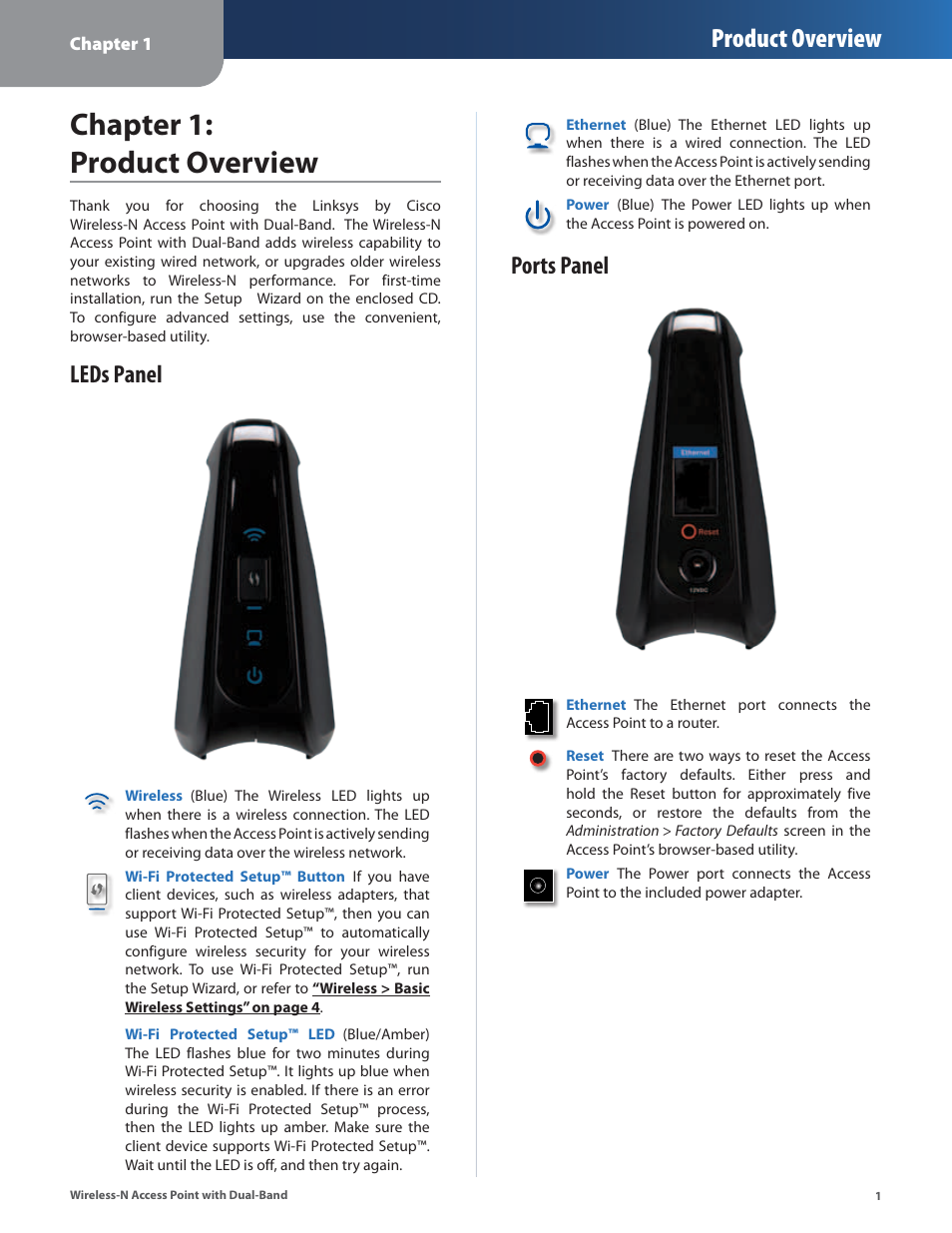 Chapter 1: product overview, Leds panel, Ports panel | Leds panel ports panel, Product overview | Linksys WAP610N User Manual | Page 4 / 41