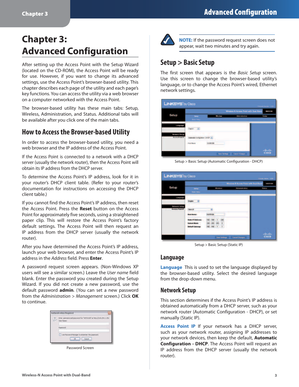 Chapter 3: advanced configuration, How to access the browser-based utility, Setup > basic setup | Advanced configuration, Language, Network setup | Linksys WAP610N User Manual | Page 6 / 41