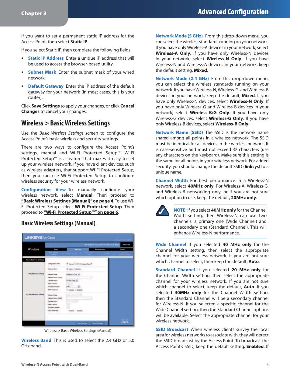 Wireless > basic wireless settings, Advanced configuration, Basic wireless settings (manual) | Linksys WAP610N User Manual | Page 7 / 41