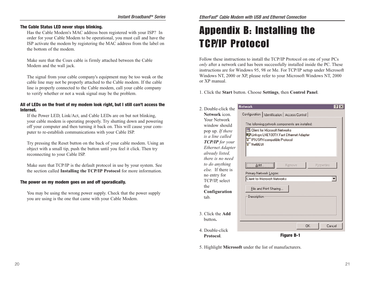 Appendix b: installing the t c p/ip protocol | Linksys EtherFast BEFCMU10 User Manual | Page 13 / 18