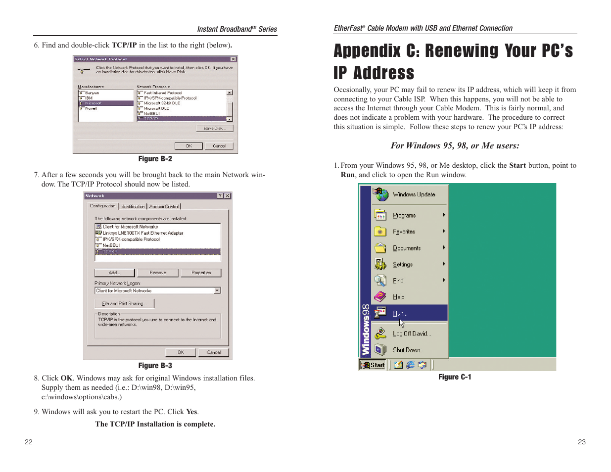 Appendix c: renewing your pc’s ip address | Linksys EtherFast BEFCMU10 User Manual | Page 14 / 18