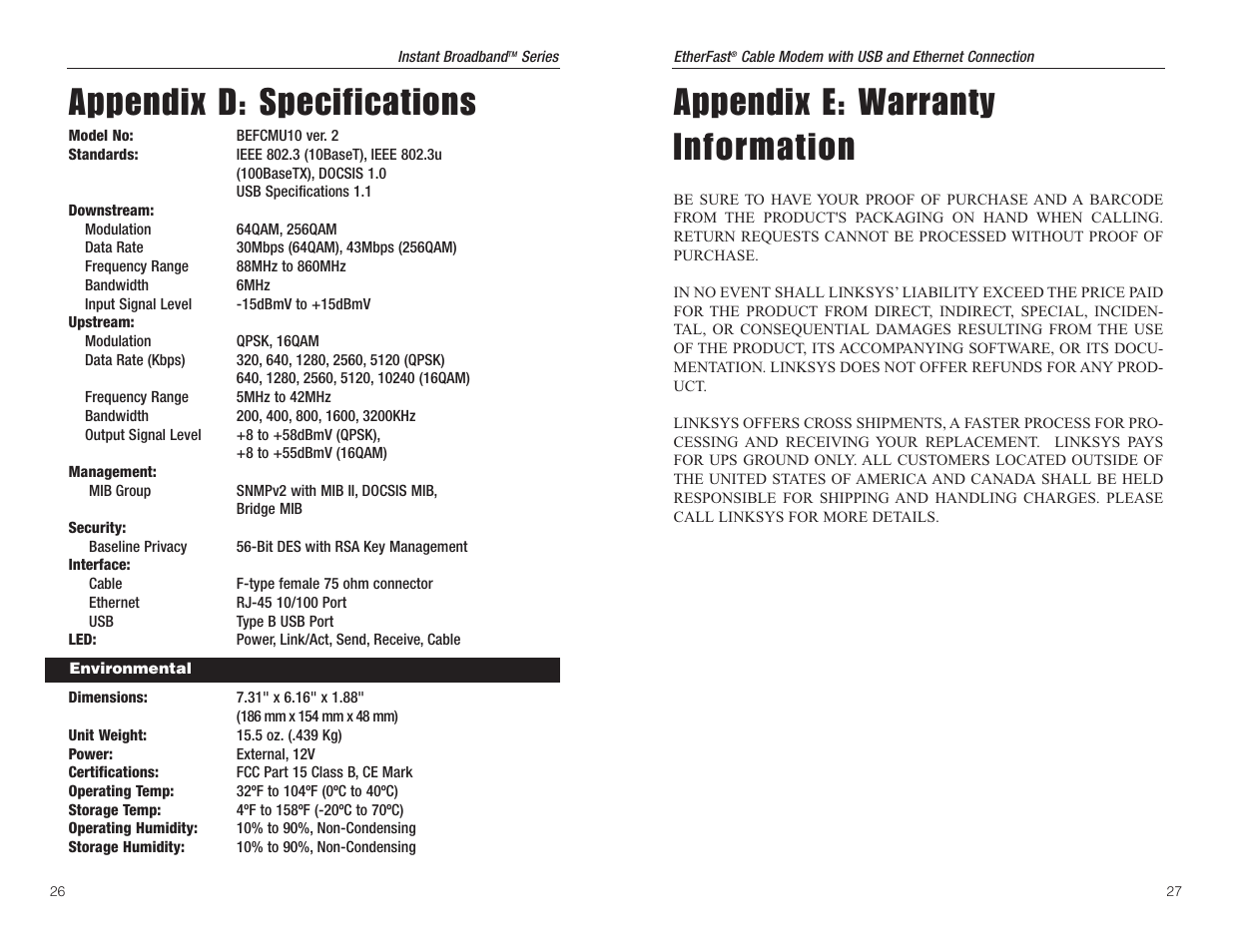 Appendix e: warranty information, Appendix d: specifications | Linksys EtherFast BEFCMU10 User Manual | Page 16 / 18