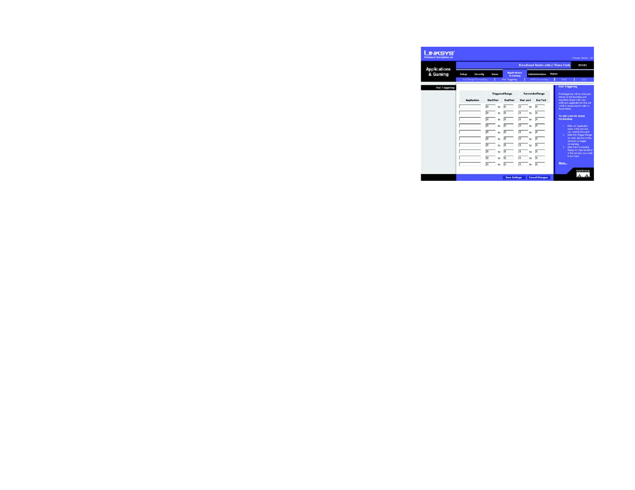 The applications & gaming tab - port triggering | Linksys RT31P2-NA User Manual | Page 39 / 81