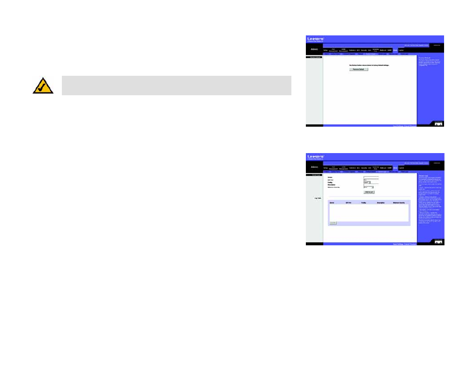 Admin tab - factory defaults, Admin tab - server logs | Linksys SRW2024 User Manual | Page 102 / 134