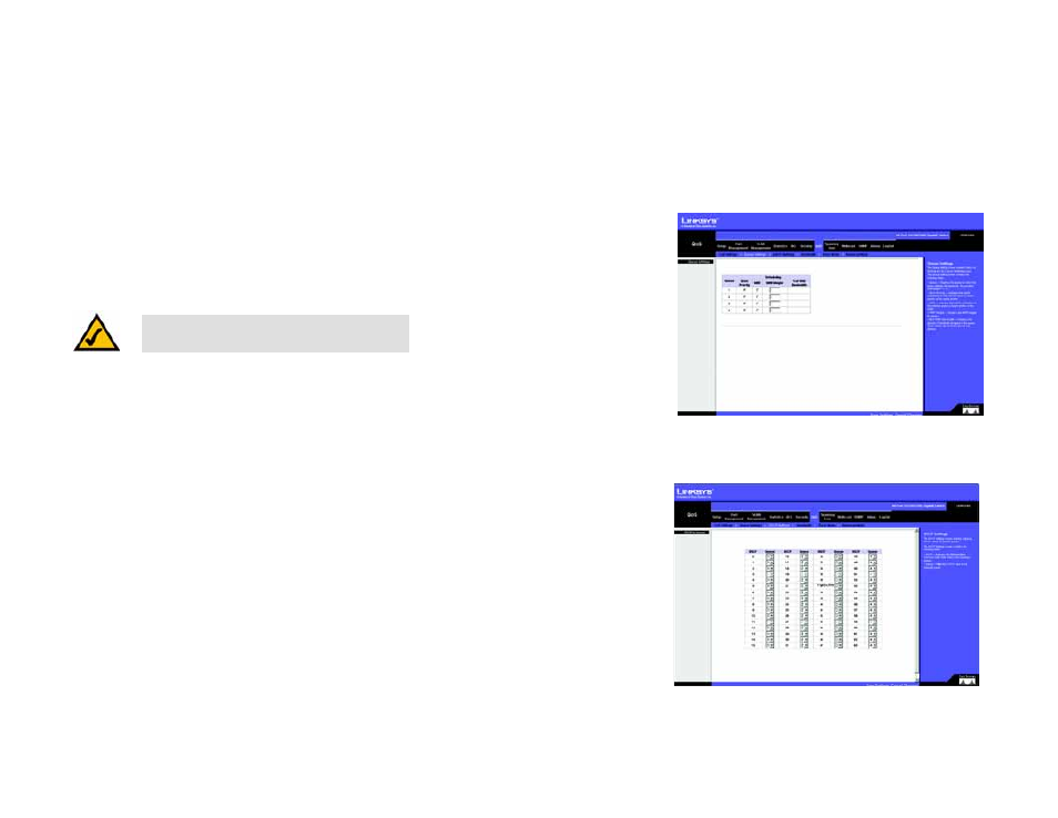 Qos tab - queue settings, Qos tab - dscp settings | Linksys SRW2024 User Manual | Page 74 / 134