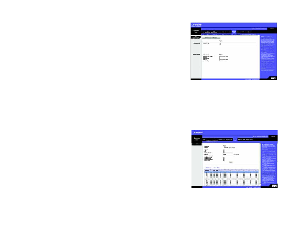 Spanning tree tab - mstp instance settings, Spanning tree tab - mstp interface settings | Linksys SRW2024 User Manual | Page 84 / 134