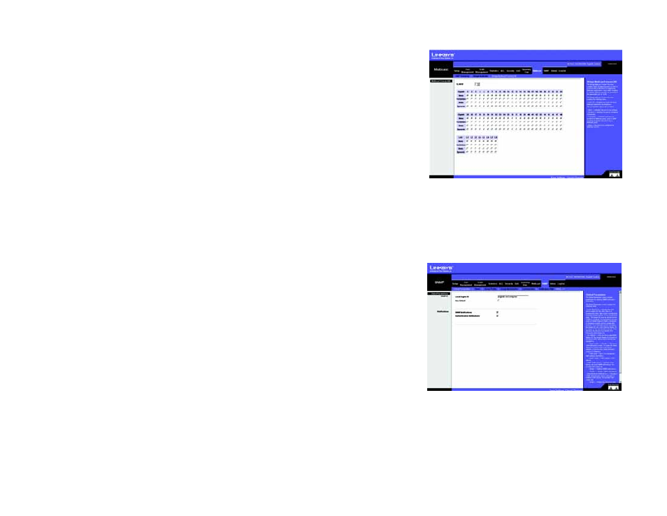 Multicast tab - bridge multicast forward all, Snmp tab - global parameters | Linksys SRW2024 User Manual | Page 88 / 134
